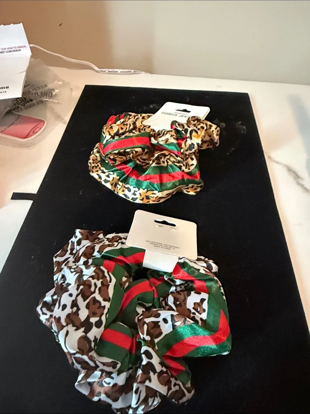 Leopard Print Satin Scrunchies with Red & Green Stripe
